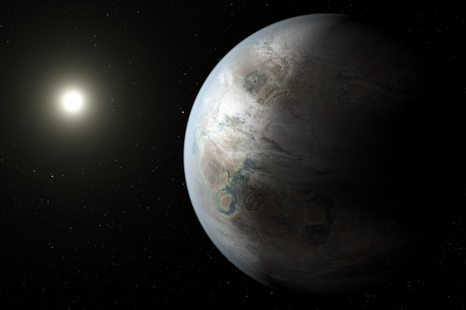 An artist's impression of a cloud-wrapped ocean world beside a bright sun.