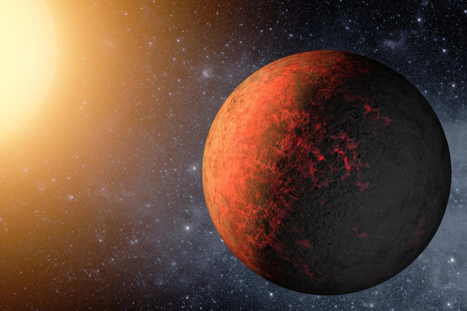 An artist's impression of a dark planet veined with glowing red cracks, a blazing sun beside it.