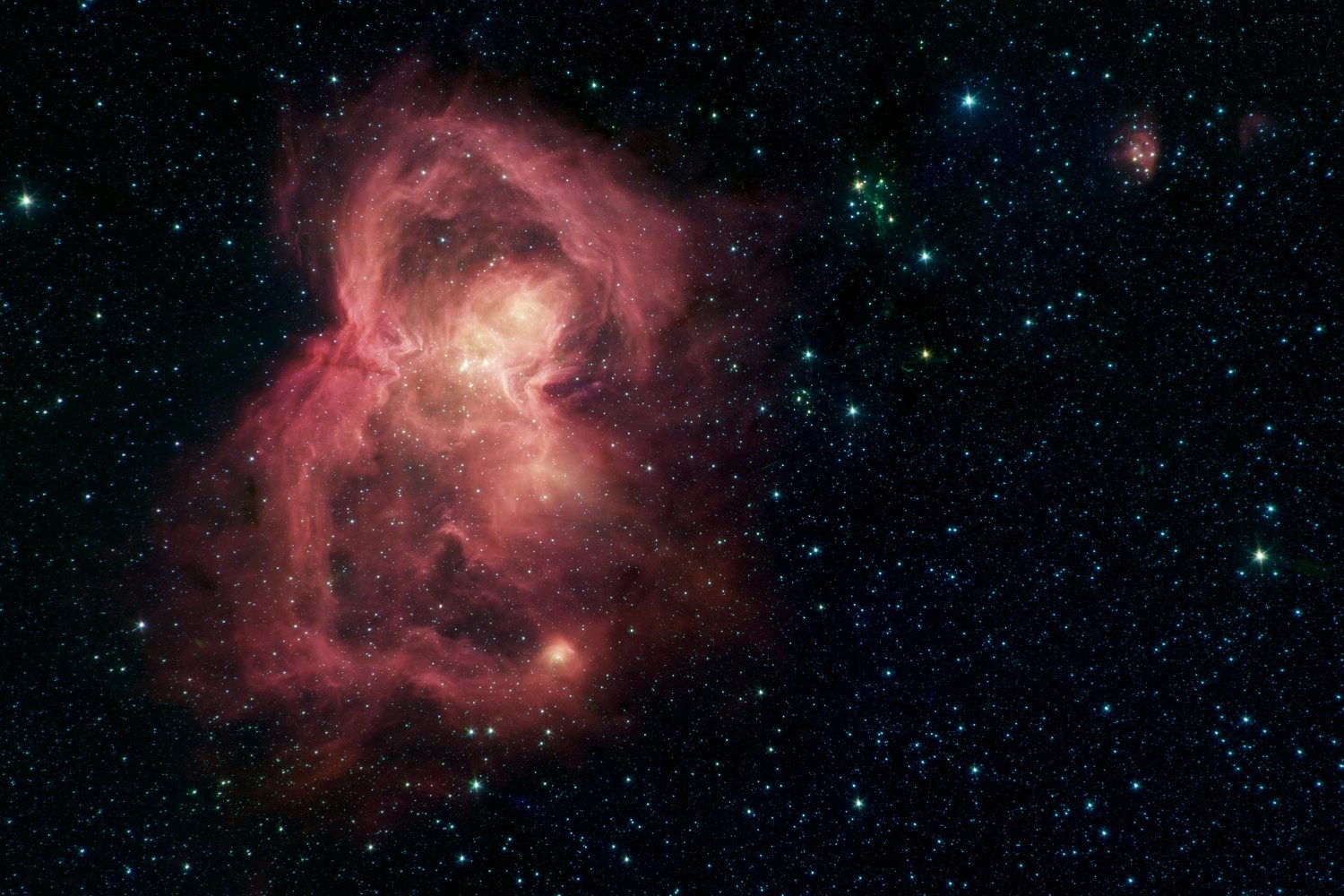 A red, butterfly-shaped cloud of glowing gas among stars, in false colour.