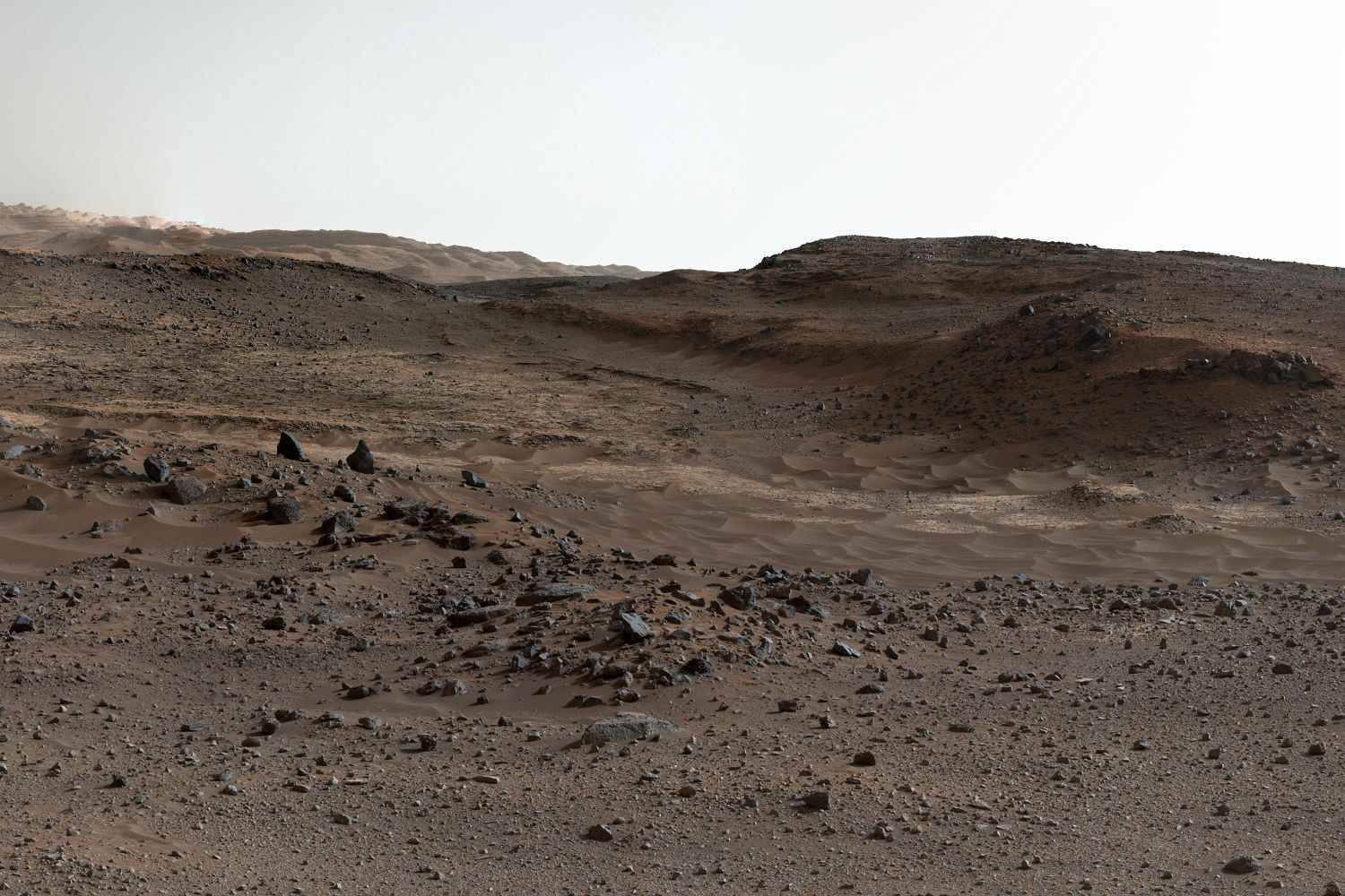 A red-brown desert valley scattered with rocks, low layered hills behind it under a pale sky.
