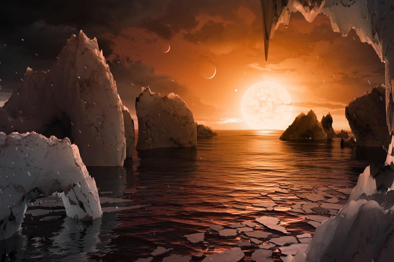 An artist's impression of ice cliffs at the mouth of a cavern, over a dark lake strewn with floating ice, a bright sun on the horizon.